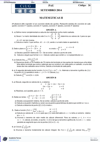 Vista previa de Examen PAU de Matemáticas II de Galicia 2014 – Extraordinaria