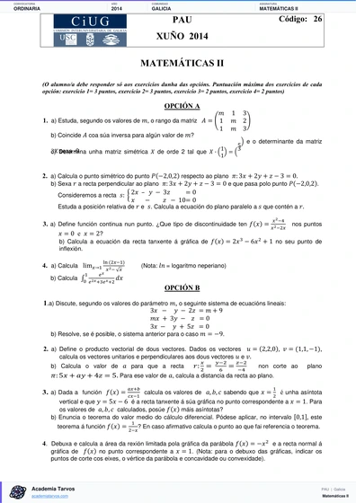 Vista previa de Examen PAU de Matemáticas II de Galicia 2014 – Ordinaria