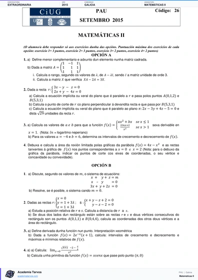 Vista previa de Examen PAU de Matemáticas II de Galicia 2015 – Extraordinaria