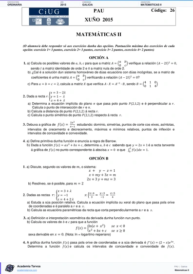 Vista previa de Examen PAU de Matemáticas II de Galicia 2015 – Ordinaria
