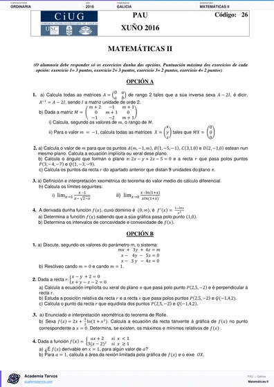 Vista previa de Examen PAU de Matemáticas II de Galicia 2016 – Ordinaria