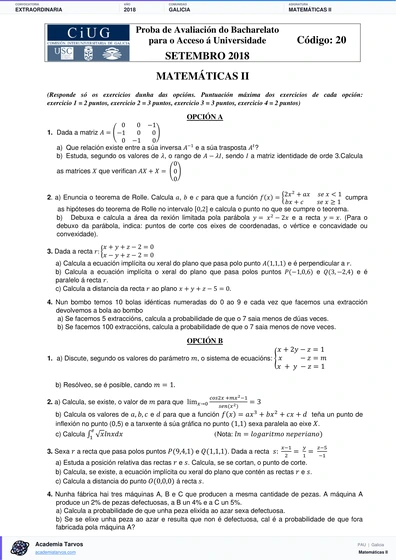 Vista previa de Examen PAU de Matemáticas II de Galicia 2018 – Extraordinaria