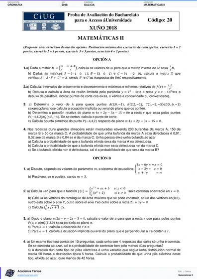 Vista previa de Examen PAU de Matemáticas II de Galicia 2018 – Ordinaria