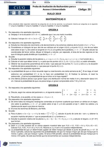 Vista previa de Examen PAU de Matemáticas II de Galicia 2019 – Extraordinaria