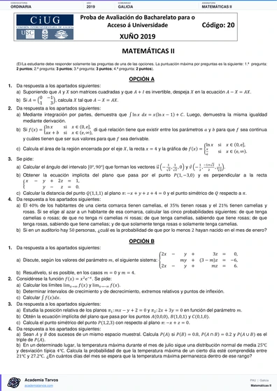 Vista previa de Examen PAU de Matemáticas II de Galicia 2019 – Ordinaria