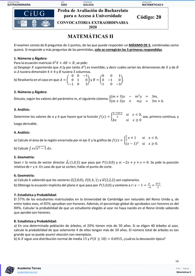 Vista previa de Examen PAU de Matemáticas II de Galicia 2020 – Extraordinaria