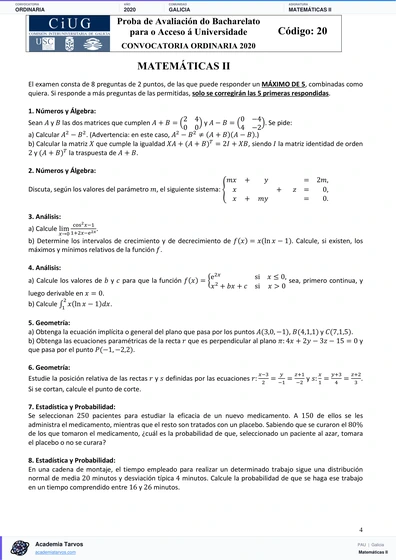 Vista previa de Examen PAU de Matemáticas II de Galicia 2020 – Ordinaria