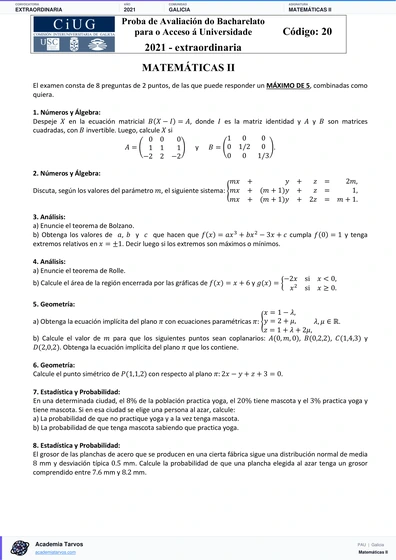 Vista previa de Examen PAU de Matemáticas II de Galicia 2021 – Extraordinaria