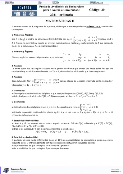 Vista previa de Examen PAU de Matemáticas II de Galicia 2021 – Ordinaria