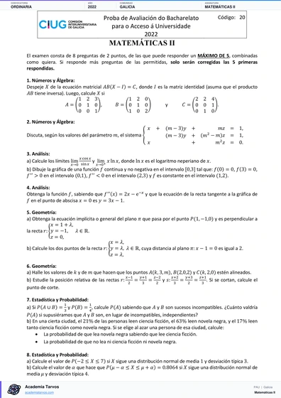 Vista previa de Examen PAU de Matemáticas II de Galicia 2022 – Ordinaria