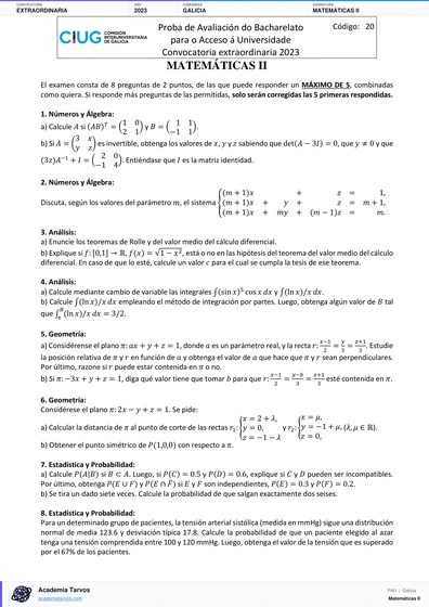 Vista previa de Examen PAU de Matemáticas II de Galicia 2023 – Extraordinaria