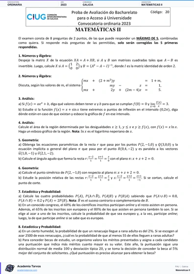 Vista previa de Examen PAU de Matemáticas II de Galicia 2023 – Ordinaria