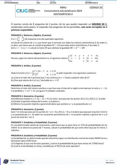 Vista previa de Examen PAU de Matemáticas II de Galicia 2024 – Extraordinaria