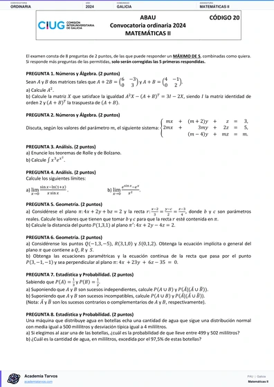 Vista previa de Examen PAU de Matemáticas II de Galicia 2024 – Ordinaria