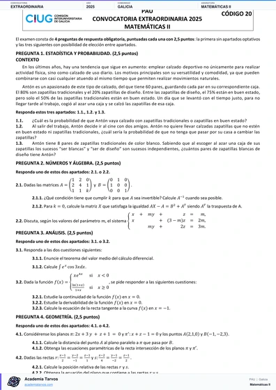 Vista previa de Examen PAU de Matemáticas II de Galicia 2025 – Extraordinaria