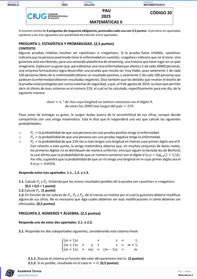 Vista previa de Modelo PAU de Matemáticas II de Galicia 2025