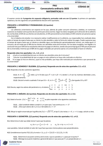 Vista previa de Examen PAU de Matemáticas II de Galicia 2025 – Ordinaria