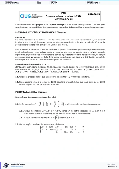 Vista previa de Examen PAU de Matemáticas II de Galicia 2026 – Extraordinaria