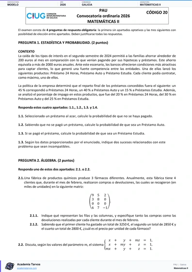 Vista previa de Modelo PAU de Matemáticas II de Galicia 2026