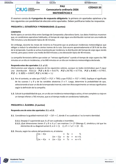 Vista previa de Examen PAU de Matemáticas II de Galicia 2026 – Ordinaria