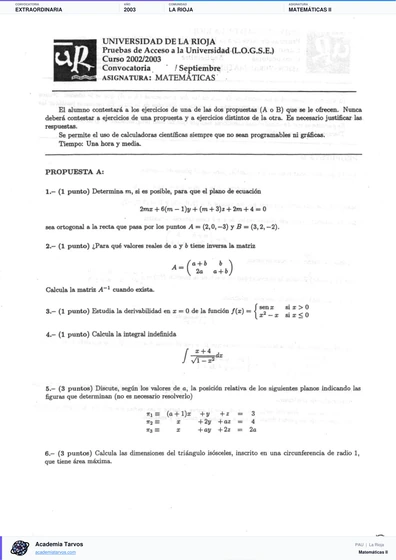 Vista previa de Examen PAU de Matemáticas II de La Rioja 2003 – Extraordinaria
