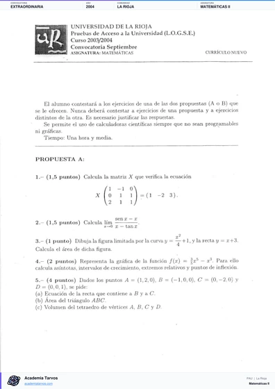 Vista previa de Examen PAU de Matemáticas II de La Rioja 2004 – Extraordinaria