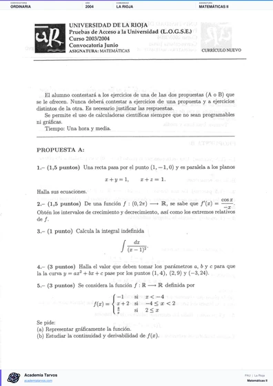 Vista previa de Examen PAU de Matemáticas II de La Rioja 2004 – Ordinaria