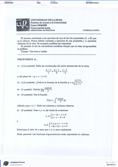 Vista previa de Examen PAU de Matemáticas II de La Rioja 2005 – Ordinaria