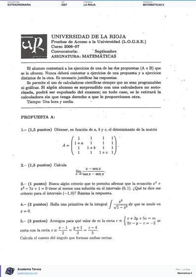 Vista previa de Examen PAU de Matemáticas II de La Rioja 2007 – Extraordinaria