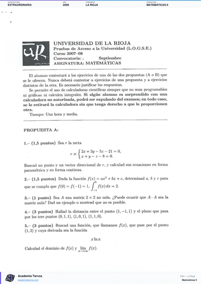 Vista previa de Examen PAU de Matemáticas II de La Rioja 2008 – Extraordinaria