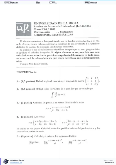 Vista previa de Examen PAU de Matemáticas II de La Rioja 2009 – Extraordinaria