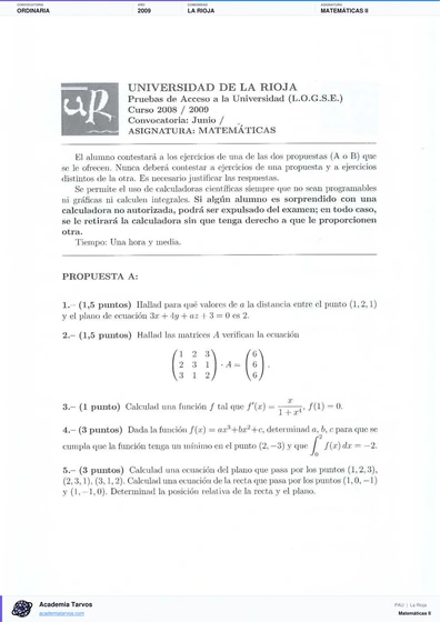 Vista previa de Examen PAU de Matemáticas II de La Rioja 2009 – Ordinaria