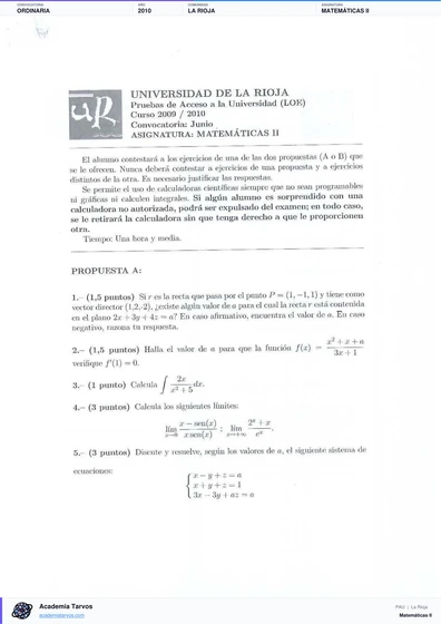 Vista previa de Examen PAU de Matemáticas II de La Rioja 2010 – Ordinaria