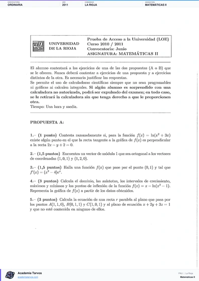 Vista previa de Examen PAU de Matemáticas II de La Rioja 2011 – Ordinaria