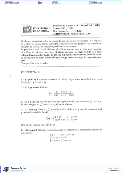 Vista previa de Examen PAU de Matemáticas II de La Rioja 2012 – Extraordinaria