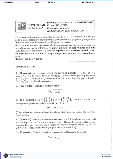 Vista previa de Examen PAU de Matemáticas II de La Rioja 2012 – Ordinaria