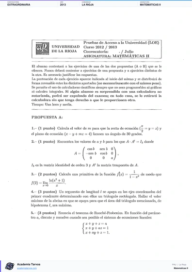 Vista previa de Examen PAU de Matemáticas II de La Rioja 2013 – Extraordinaria