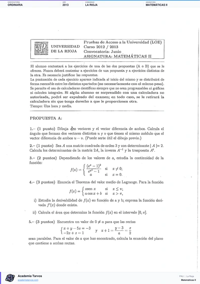 Vista previa de Examen PAU de Matemáticas II de La Rioja 2013 – Ordinaria