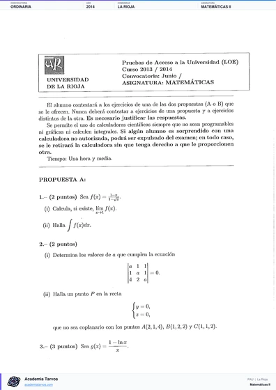 Vista previa de Examen PAU de Matemáticas II de La Rioja 2014 – Ordinaria