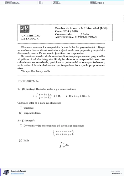 Vista previa de Examen PAU de Matemáticas II de La Rioja 2015 – Extraordinaria