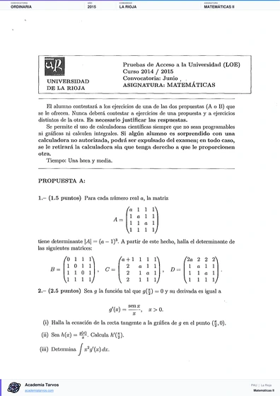 Vista previa de Examen PAU de Matemáticas II de La Rioja 2015 – Ordinaria