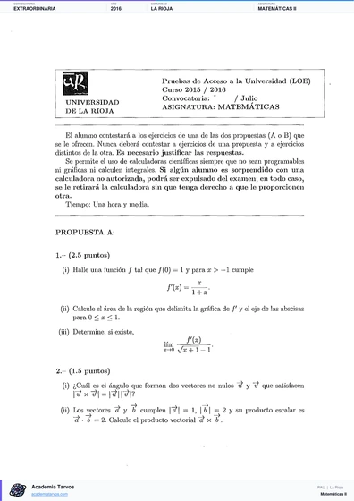 Vista previa de Examen PAU de Matemáticas II de La Rioja 2016 – Extraordinaria