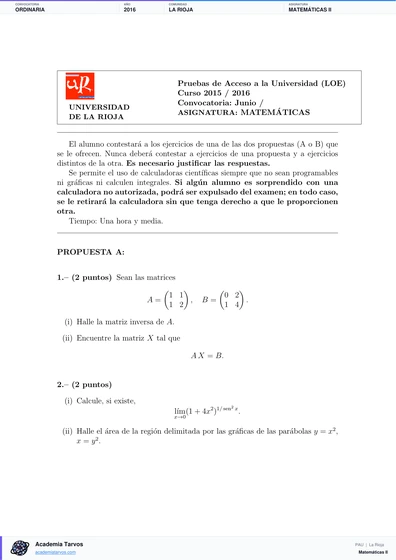 Vista previa de Examen PAU de Matemáticas II de La Rioja 2016 – Ordinaria