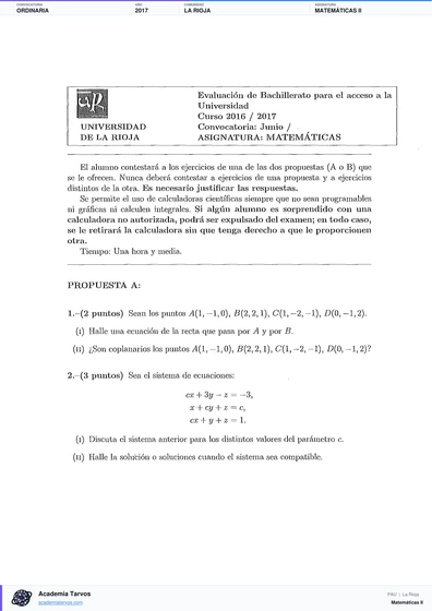 Vista previa de Examen PAU de Matemáticas II de La Rioja 2017 – Ordinaria