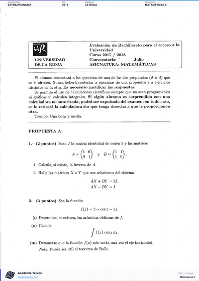 Vista previa de Examen PAU de Matemáticas II de La Rioja 2018 – Extraordinaria
