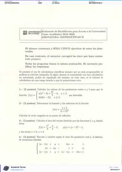 Vista previa de Examen PAU de Matemáticas II de La Rioja 2020 – Extraordinaria