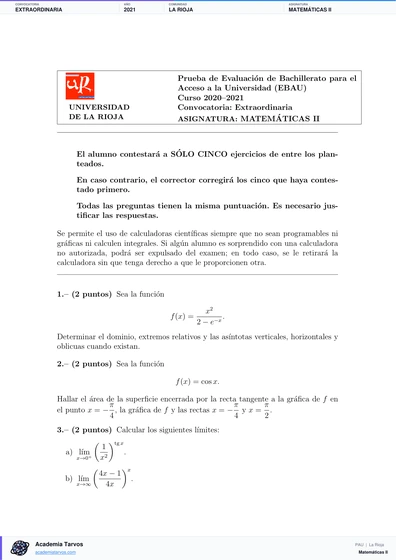 Vista previa de Examen PAU de Matemáticas II de La Rioja 2021 – Extraordinaria
