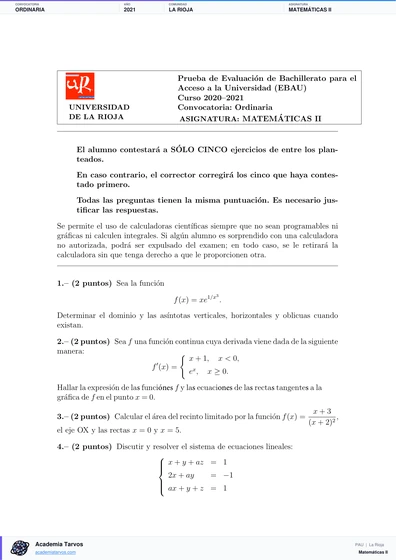 Vista previa de Examen PAU de Matemáticas II de La Rioja 2021 – Ordinaria