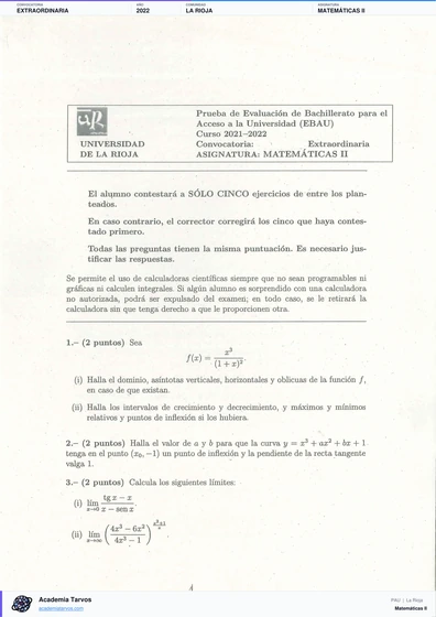 Vista previa de Examen PAU de Matemáticas II de La Rioja 2022 – Extraordinaria
