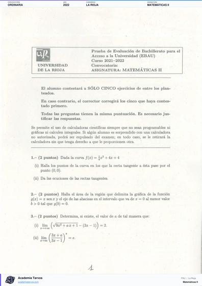 Vista previa de Examen PAU de Matemáticas II de La Rioja 2022 – Ordinaria